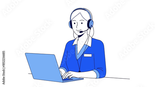A dedicated female customer support representative provides efficient online assistance and communication using a headset and laptop in a contemporary digital work environment