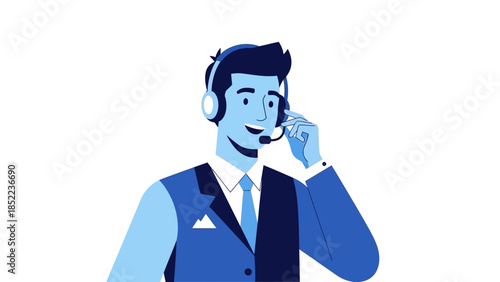 Friendly Male Call Center Agent Providing Exceptional Customer Support, Wearing a Headset and Smiling While Offering Professional Online Assistance for Business Inquiries