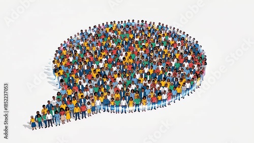 A large diverse crowd of people arranged to form a connected shape.