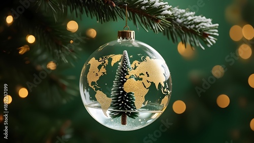 Christmas World Map Globe Ornament Ball in Gold and Green Colors