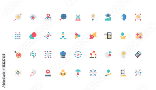 Machine learning, smart solutions of AI integrated in automatic futuristic data system color icon set. Circuit and microchip of digital connection, brain, database flat elements vector illustration