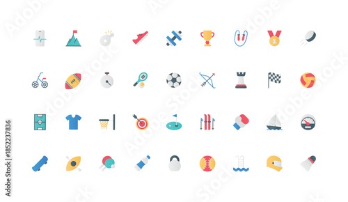 Sport exercise, medal and trophy of competition, fitness in gym color icon set. Games collection with football basketball tennis baseball archery golf boxing flat elements vector illustration