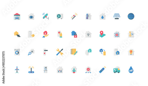 Smart home management, house with IoT color icon set. Digital system control and sensors, remote access and connect with phone to building door and garage with car flat elements vector illustration