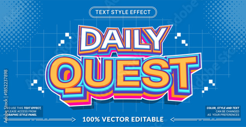 Editable text effect vector “Daily Quest” features bold 3D colorful lettering inspired by gaming challenges, rewards, and fun missions, perfect for playful and energetic visuals.