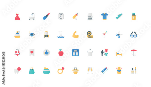 Healthy lifestyle and holidays celebration, beauty and sports for health care color icon set. Fitness in gym, weight control with diet planning, shopping and hygiene flat elements vector illustration