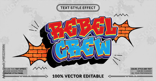Editable text effect vector “Rebel Crew” features bold graffiti-inspired 3D lettering with solid shadows and abstract attitude, perfect for street culture, music, youth, and urban visuals.