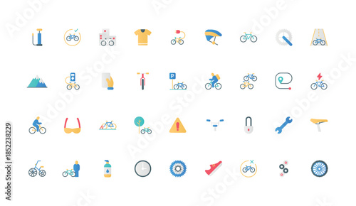 Bicycle and bike parts, sportswear and gear of cyclist for city ride, mountain travel color icon set. Electric bike parking, tire and wheel, saddle and sprocket flat elements vector illustration
