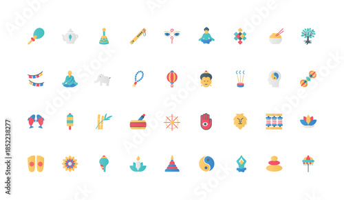 Buddhism, spiritual symbols of meditation, oriental culture, buddhist monk color icon set. Japanese stone garden and bonsai, mandala and tea kettle, incense candle flat elements vector illustration