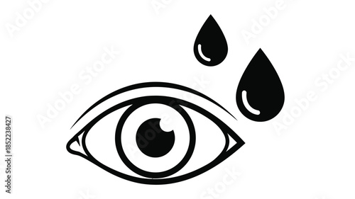 A solitary human eye depicted with three teardrops falling a simple black and white illustration