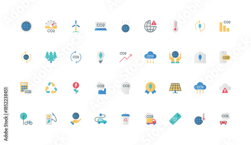 CO2 emission and pollution decrease, global greenhouse gas and exhaust reduction color icon set. Carbon dioxide offset, atmosphere, environmental contamination flat elements vector illustration