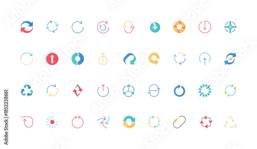 Round arrows to refresh and recycle, restart and reload, signs of loop shape color icon set. Arrows outwards and inwards from circle center, circulation and change flat elements vector illustration