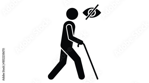 A simple black silhouette depicts a blind person walking with a cane and obscured eyes