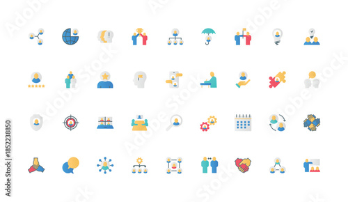Collaboration in group and teamwork, corporate company organization, managers unity color icon set. Partnership and friendship support, alliance mechanism and meeting flat elements vector illustration