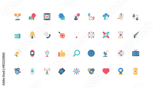 Connection and data share, online cloud service, multimedia color icon set. Antenna and wifi to connect mobile device to network, transfer music, video and sound file flat elements vector illustration