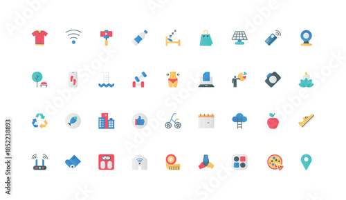 Modern healthy lifestyle, daily life in big city color icon set. Food diet and active sport, sleep and rest meditation, apps for weight control and health care flat elements vector illustration