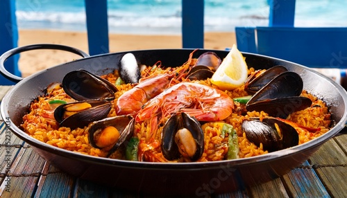 traditional spanish paella with seafood served in a pan on the table in a restaurant on the beach
