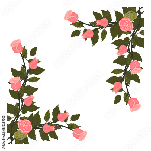 A frame decorated with light pink roses and buds on a climbing stem in the upper right and lower left corners. Vector illustration isolated on a white background.