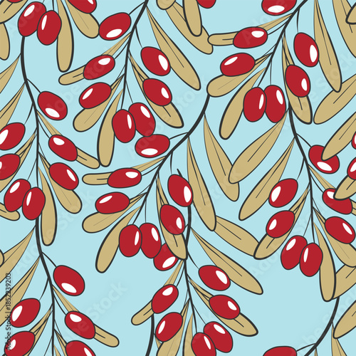 Seamless pattern with sea buckthorn. Natural fresh ripe tasty berries. Vector illustration for background, packaging, textile, fabric and various other designs.