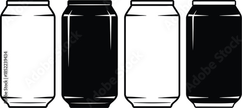 Collection of simplified beverage containers, black and white vector icons
