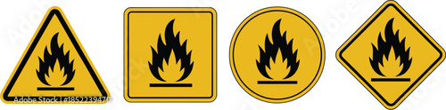 Various Warning Signs with Flame Icons for Flammable Hazard and Fire Safety