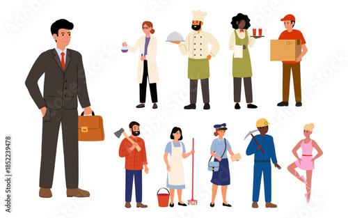 Collection of cartoon-style illustrations representing various professions with dressed in overalls and profession items