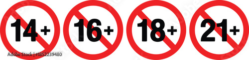 Diverse collection of age restriction warning signs for content and access