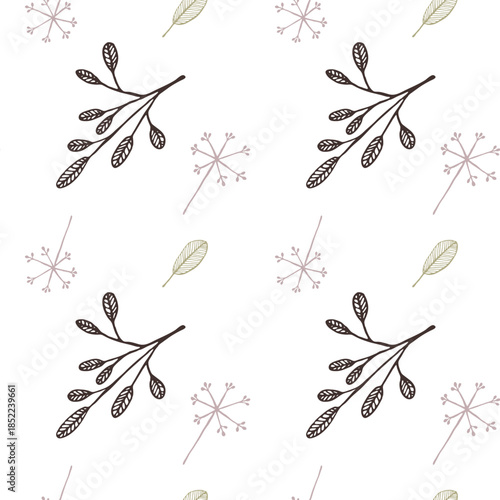 Diagonal seamless botanical pattern featuring array of winter greens, leaves, and delicate blossoms for elegant wallpaper