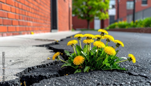 Bright yellow dandelions growing from a crack in black asphalt beside a red brick building. Spring wildflower symbolizing resilience, renewal, and nature thriving in urban spaces.