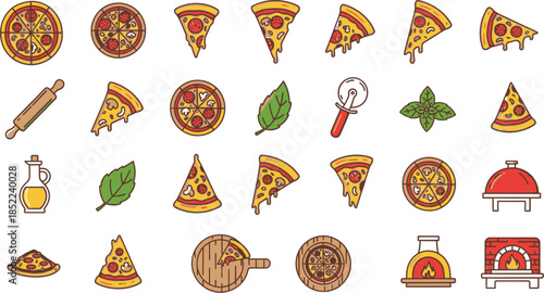 Various illustrations of pizza slices and related food items