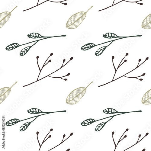 Curated botanical collage, leaves, berries twigs in repeating wallpaper motif in gold-black colors.