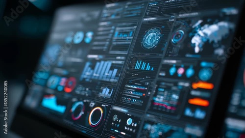 Futuristic digital dashboard displaying advanced data analytics, interactive charts, global statistics in high tech interface. Modern technology trends, big data visualization dominate scene