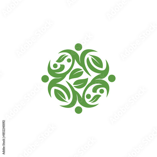 Green mandala with leaves and people figures representing community and nature