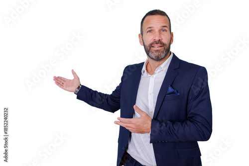 Mature businessman presenting, gesturing, and explaining a concept with hands, isolated on transparent background