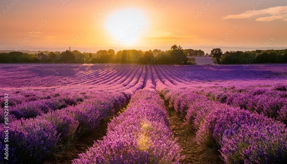 Obraz premium Lavender Fields At Sunrise Rows Of Vibrant Purple Blooms Stretching Towards A Radiant Sun