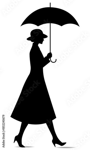  Silhouette of a woman in a hat and with an umbrella