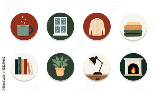  Winter cozy workspace icon set