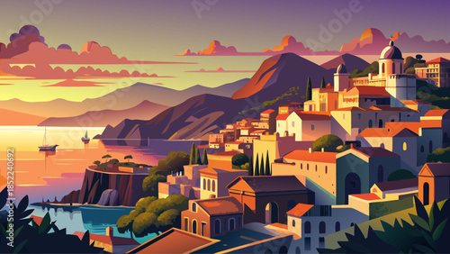 Very beautiful sunset view of a Sicilian coastal town overlooking the Mediterranean Sea, featuring warm evening light, historic buildings, rugged shoreline, and relaxed southern Italian atmosphere.