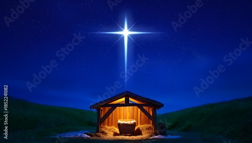 Wallpaper Mural Wooden Stable at Dark Blue Starry Night, Jesus Christ Birth Concept Torontodigital.ca