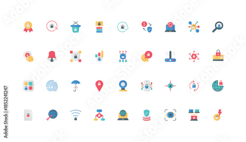 Cybersecurity, secure shield and lock for confidential data color icon set. Firewall, smart antivirus and encryption to protect information, retina scan and hub flat elements vector illustration