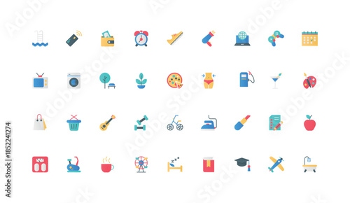 Daily routine, everyday life schedule and lifestyle color icon set. Calendar, sleep in bed and wake up, walk and study with book at home, bath time and shopping flat elements vector illustration