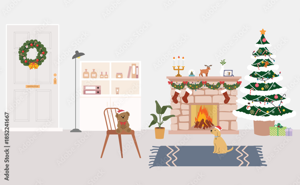 Fototapeta premium Cozy Christmas Living Room with Fireplace, Tree, and Festive Pets