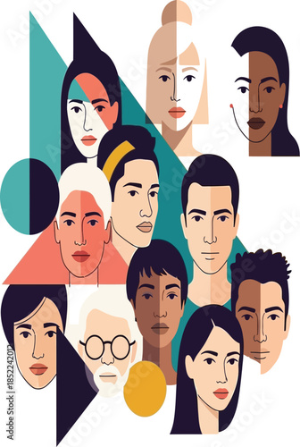 A vibrant illustration depicting diverse faces and abstract shapes representing inclusivity and human connection within a modern style