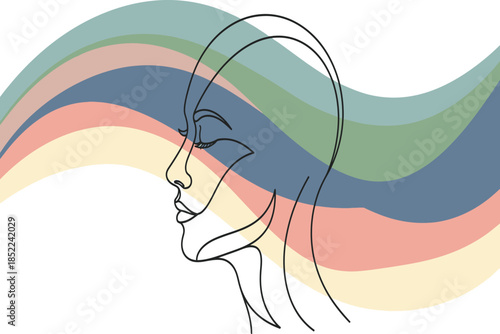 A minimalist line drawing depicts a woman s face blended with flowing colorful wavy lines evoking a sense of peace