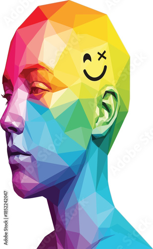 A vibrant polygonal portrait depicts a human head in profile showcasing a spectrum of rainbow colors and a simplistic smile