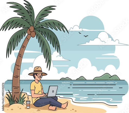 a digital nomad works remotely on a laptop beneath a palm tree by a serene tropical beach