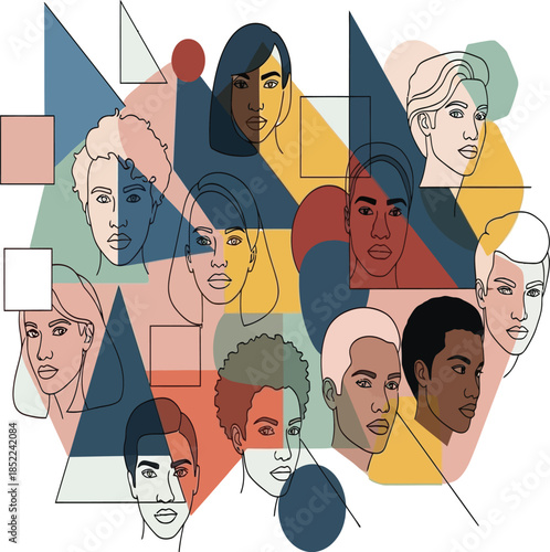 An abstract composition featuring multiple diverse faces layered amidst colorful geometric shapes and lines high quality