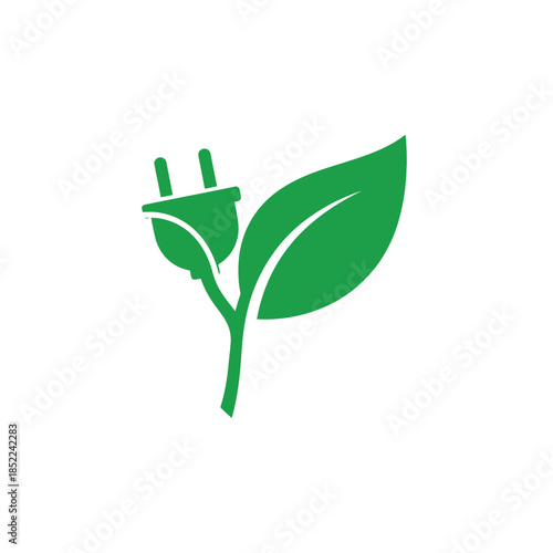 Green leaf with electric plug symbol for renewable energy and eco friendly