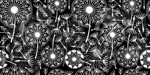 Seamless pattern of white dandelions on a black background. A set of colored flowers. Hand drawn. Not AI vector illustration