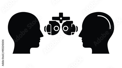 Psychological test featuring two profiles facing each other with an optometry device