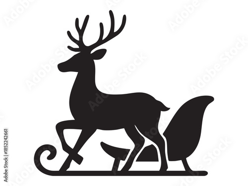 Black silhouette of reindeer with antlers and sleigh isolated on white background. concept of winter, christmas, holiday, festive decor, santa's sleigh, design element